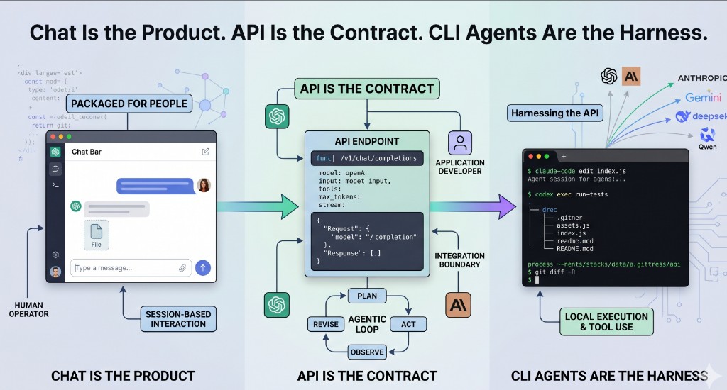 Chat product, API contract, and CLI agent harness diagram